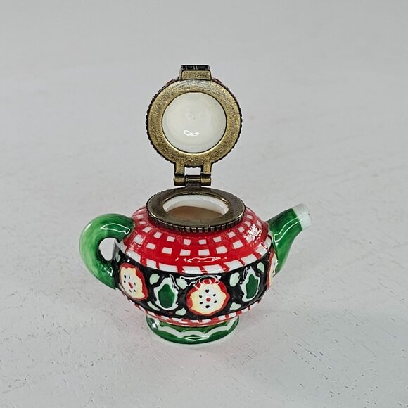 Mary Engelbreit Enesco Ceramic Teapot Trinket Box Red & Green Checkered Design - Picture 5 of 8